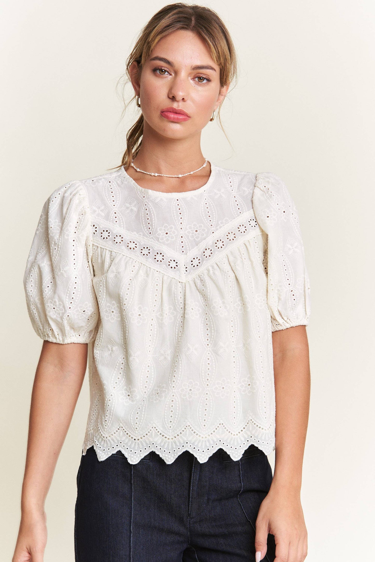 Ivory Short Puff Sleeve Eyelet Top