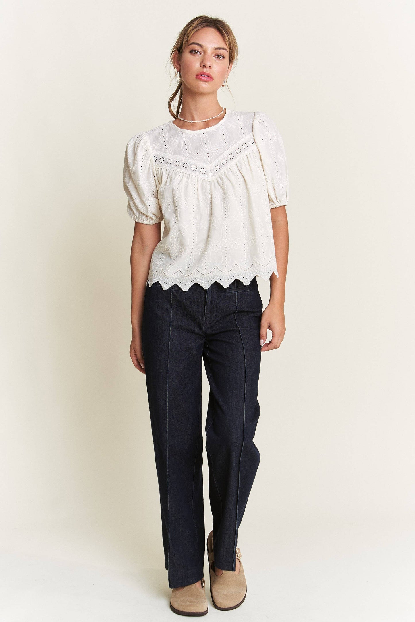 Ivory Short Puff Sleeve Eyelet Top