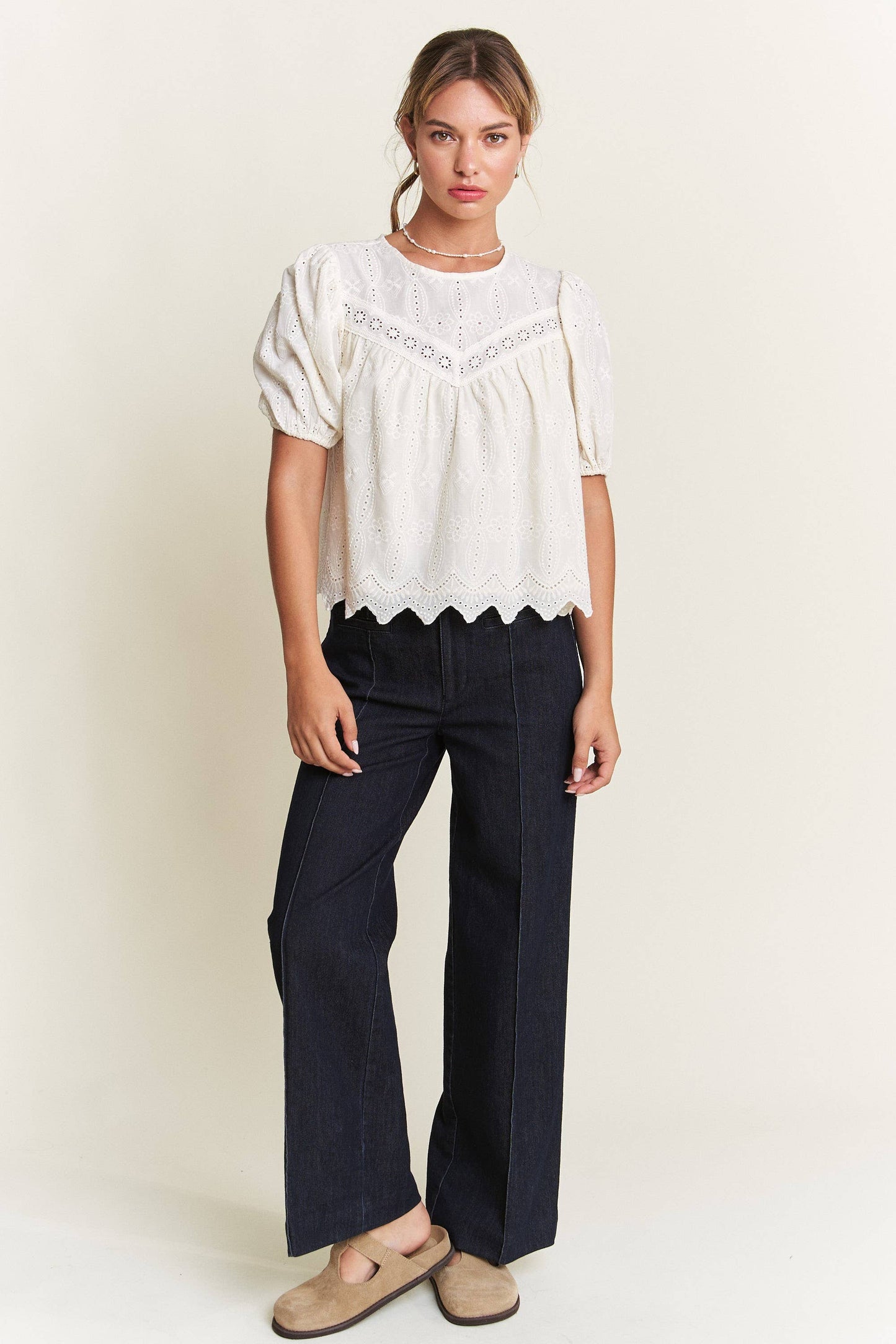 Ivory Short Puff Sleeve Eyelet Top