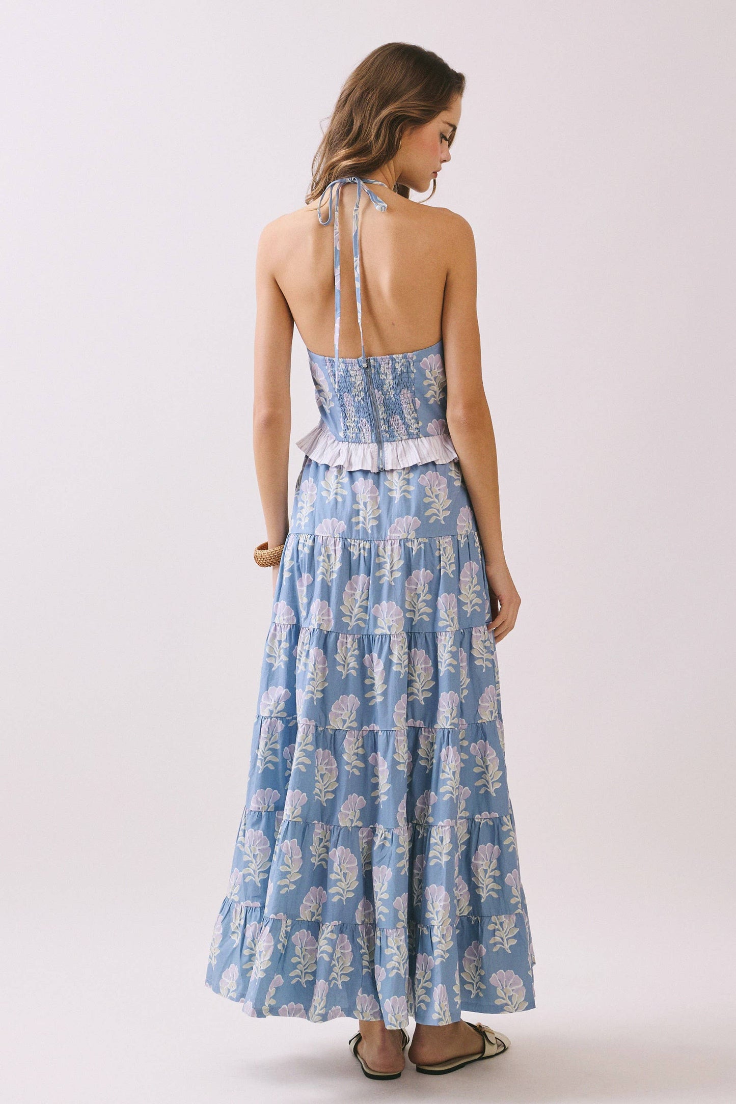 Blue Floral Tiered Maxi Skirt