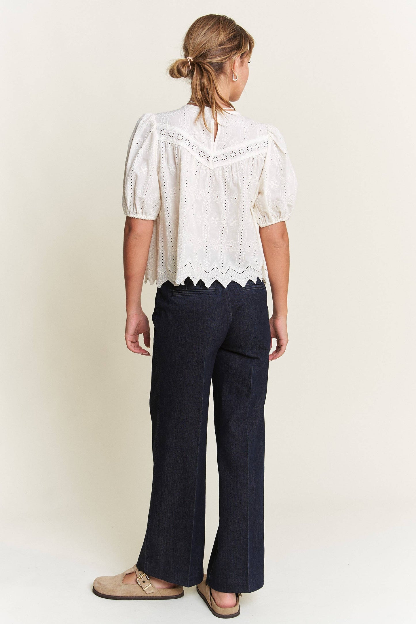 Ivory Short Puff Sleeve Eyelet Top