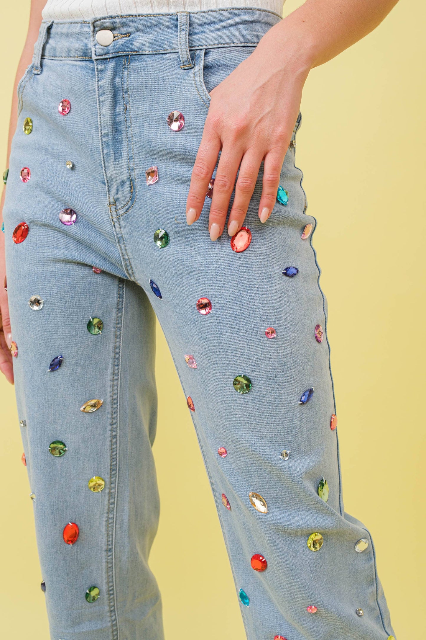 23989P Mid Rise Rainbow Jewel Embellished Denim Jeans