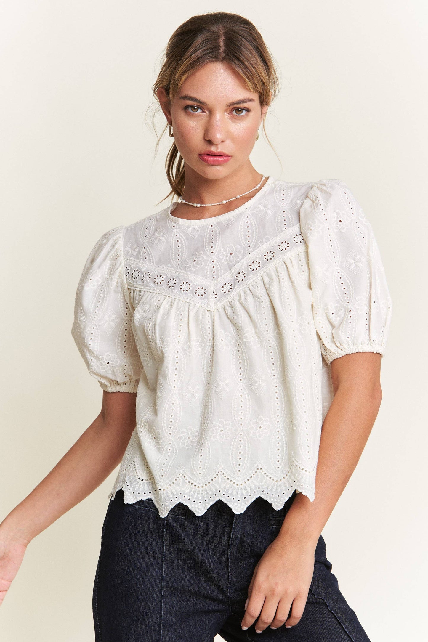 Ivory Short Puff Sleeve Eyelet Top