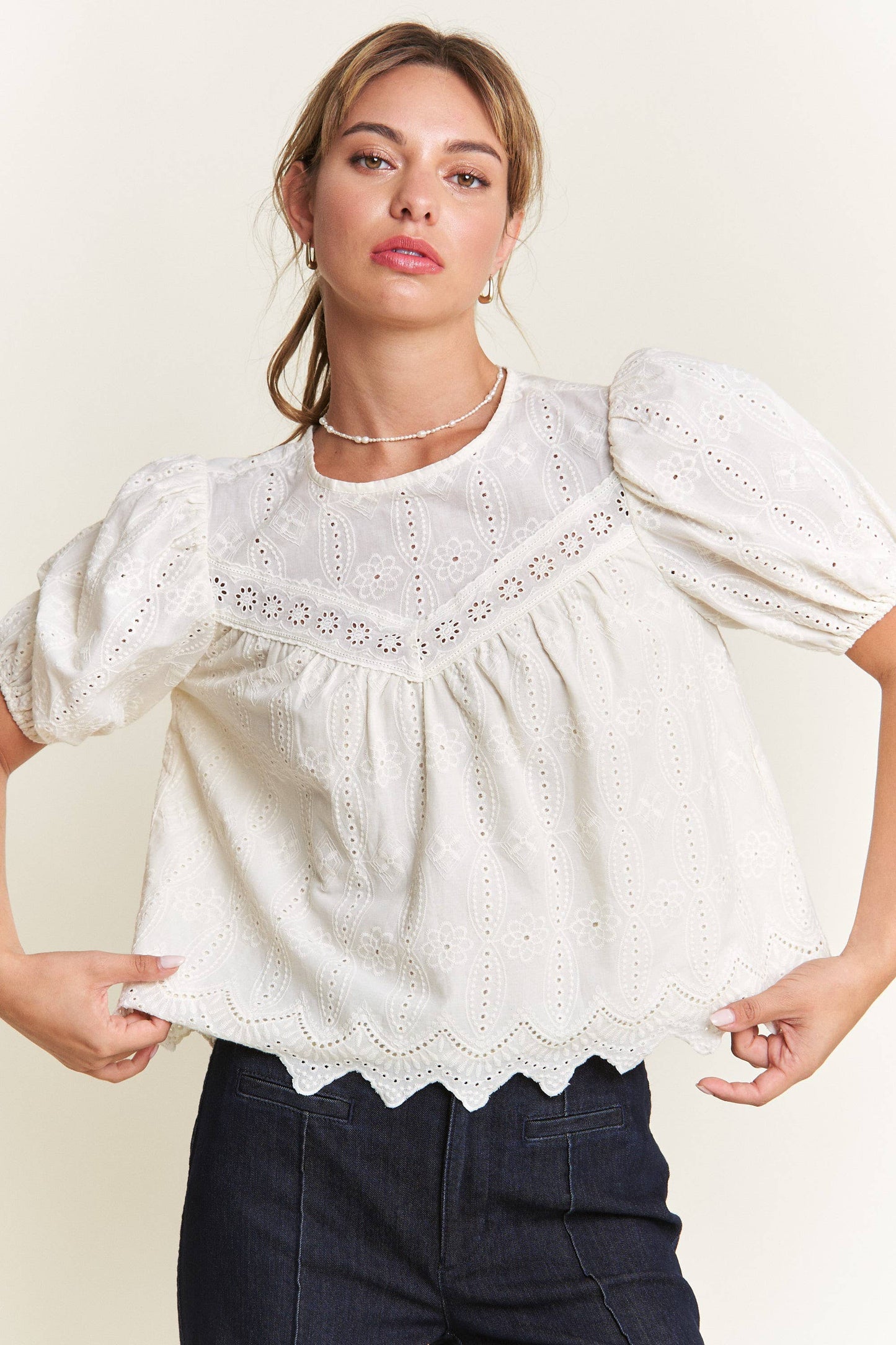 Ivory Short Puff Sleeve Eyelet Top