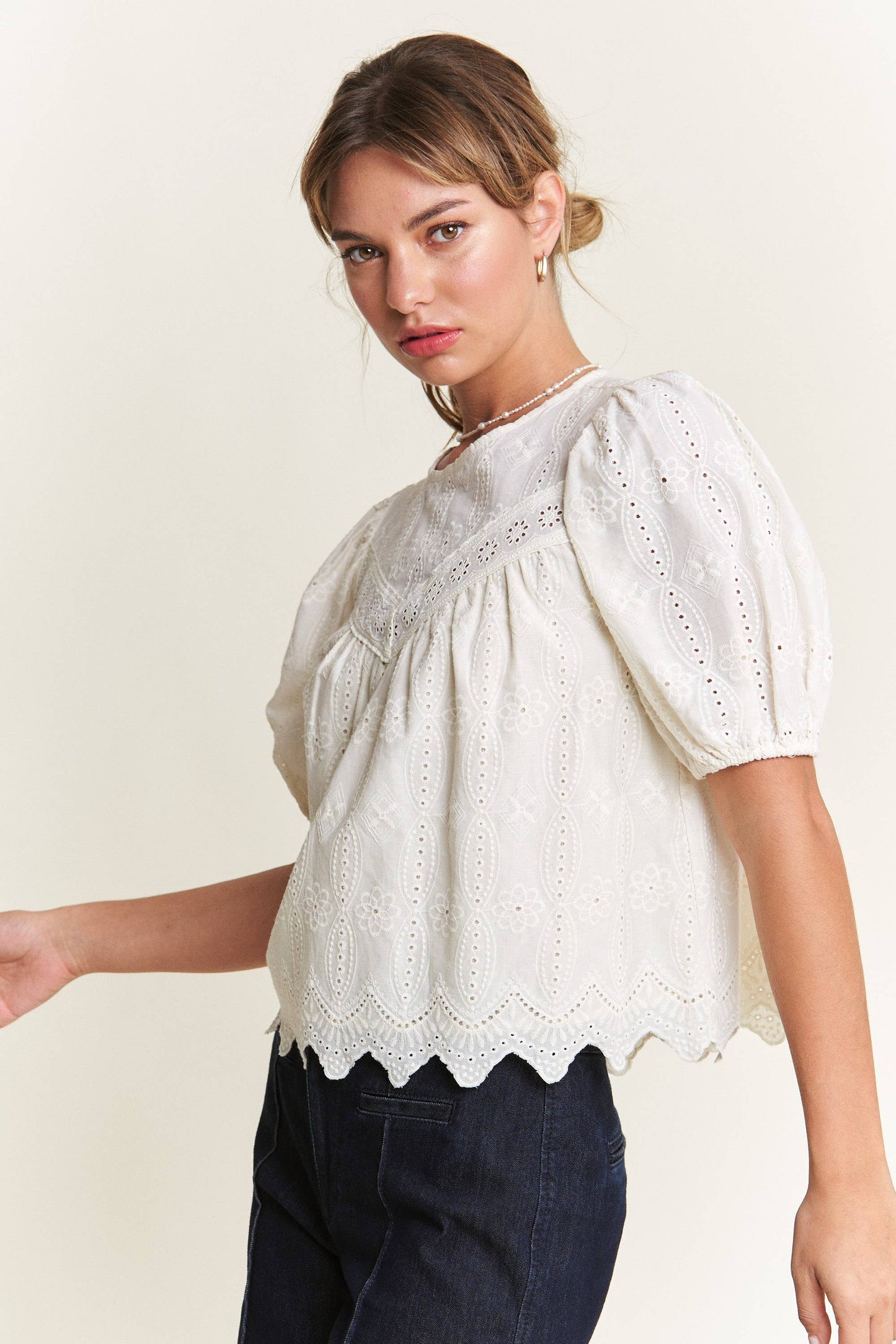 Ivory Short Puff Sleeve Eyelet Top