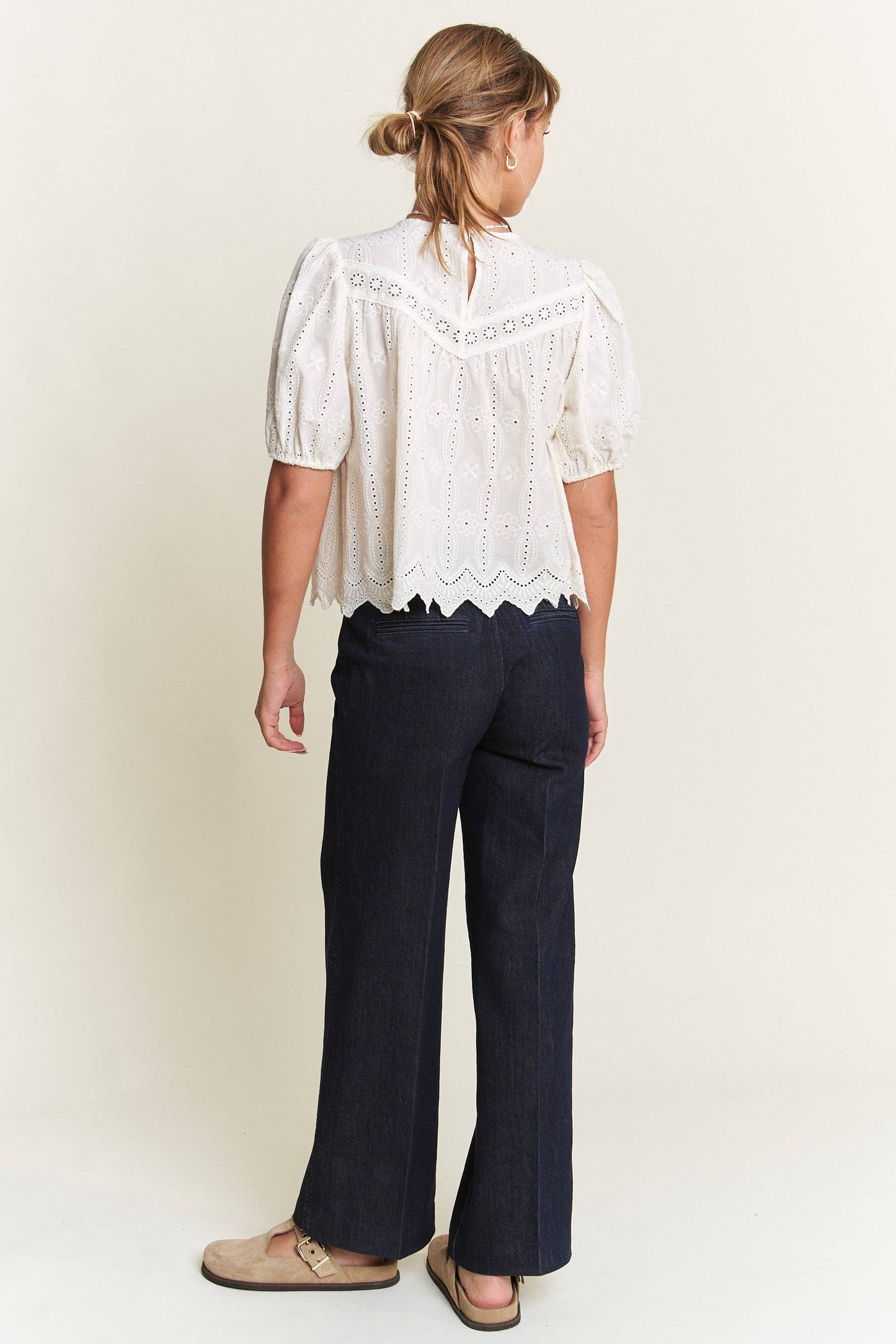 Ivory Short Puff Sleeve Eyelet Top