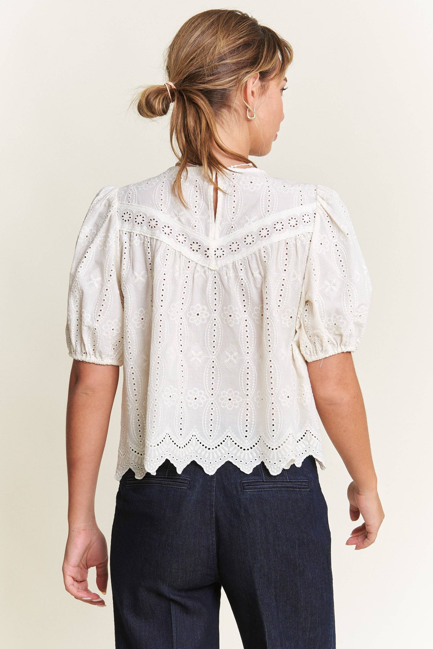 Ivory Short Puff Sleeve Eyelet Top