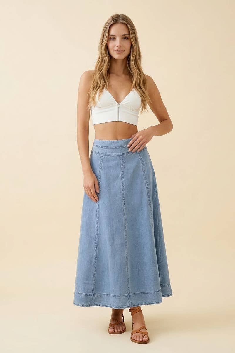 BLEACHED DENIM GODET MAXI SKIRT - 6601S