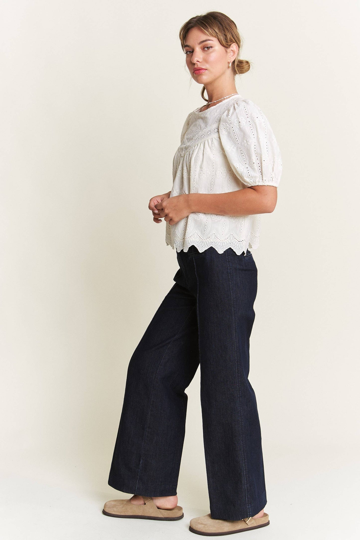 Ivory Short Puff Sleeve Eyelet Top