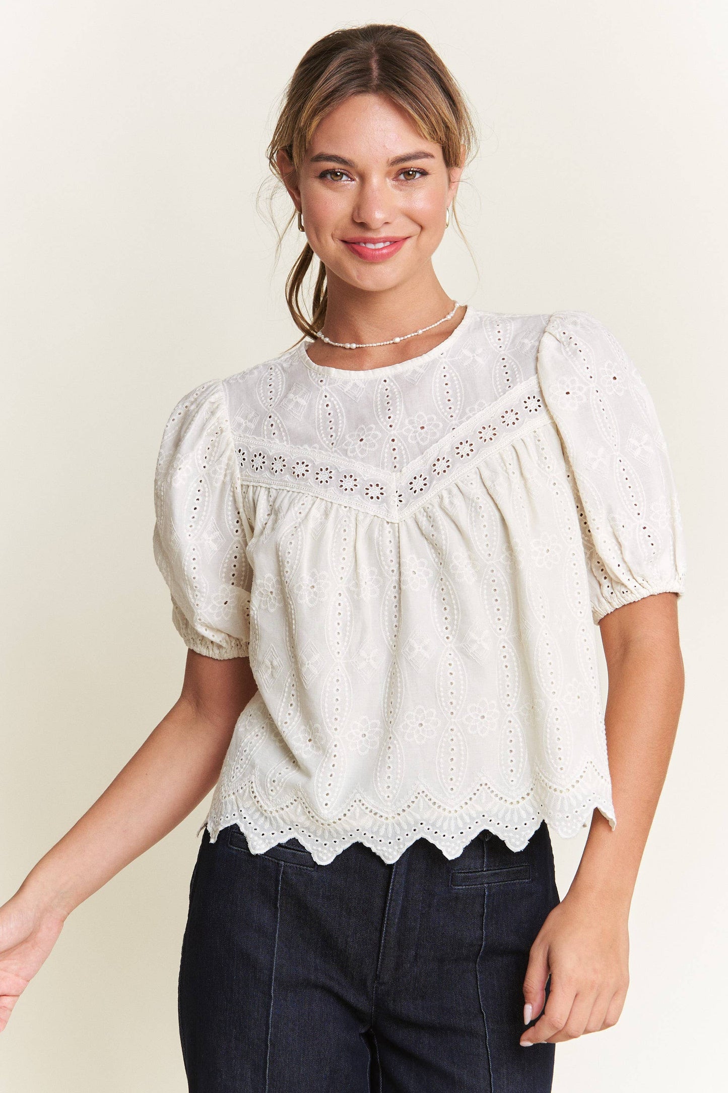 Ivory Short Puff Sleeve Eyelet Top