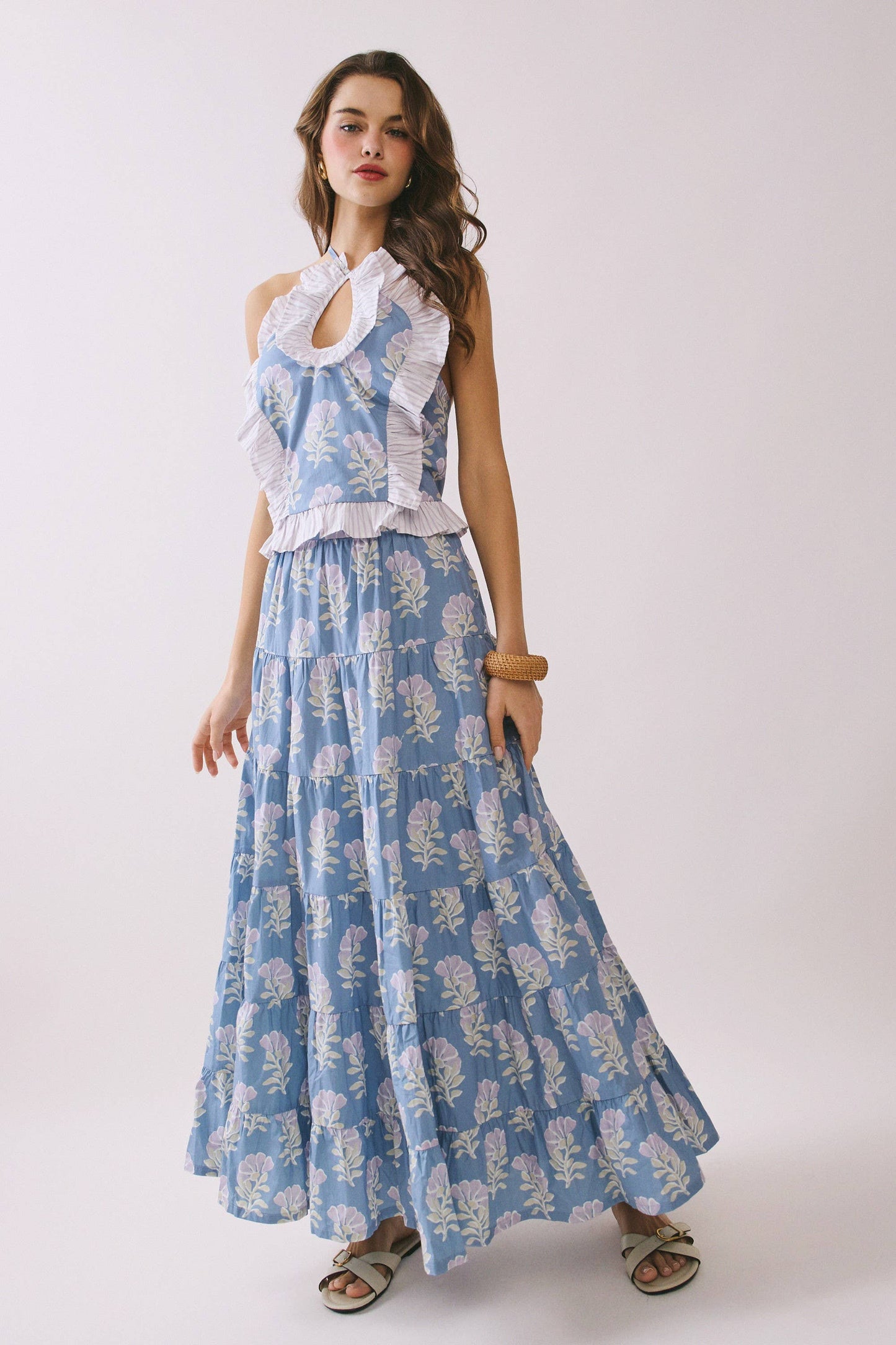 Blue Floral Tiered Maxi Skirt
