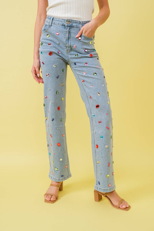 23989P Mid Rise Rainbow Jewel Embellished Denim Jeans