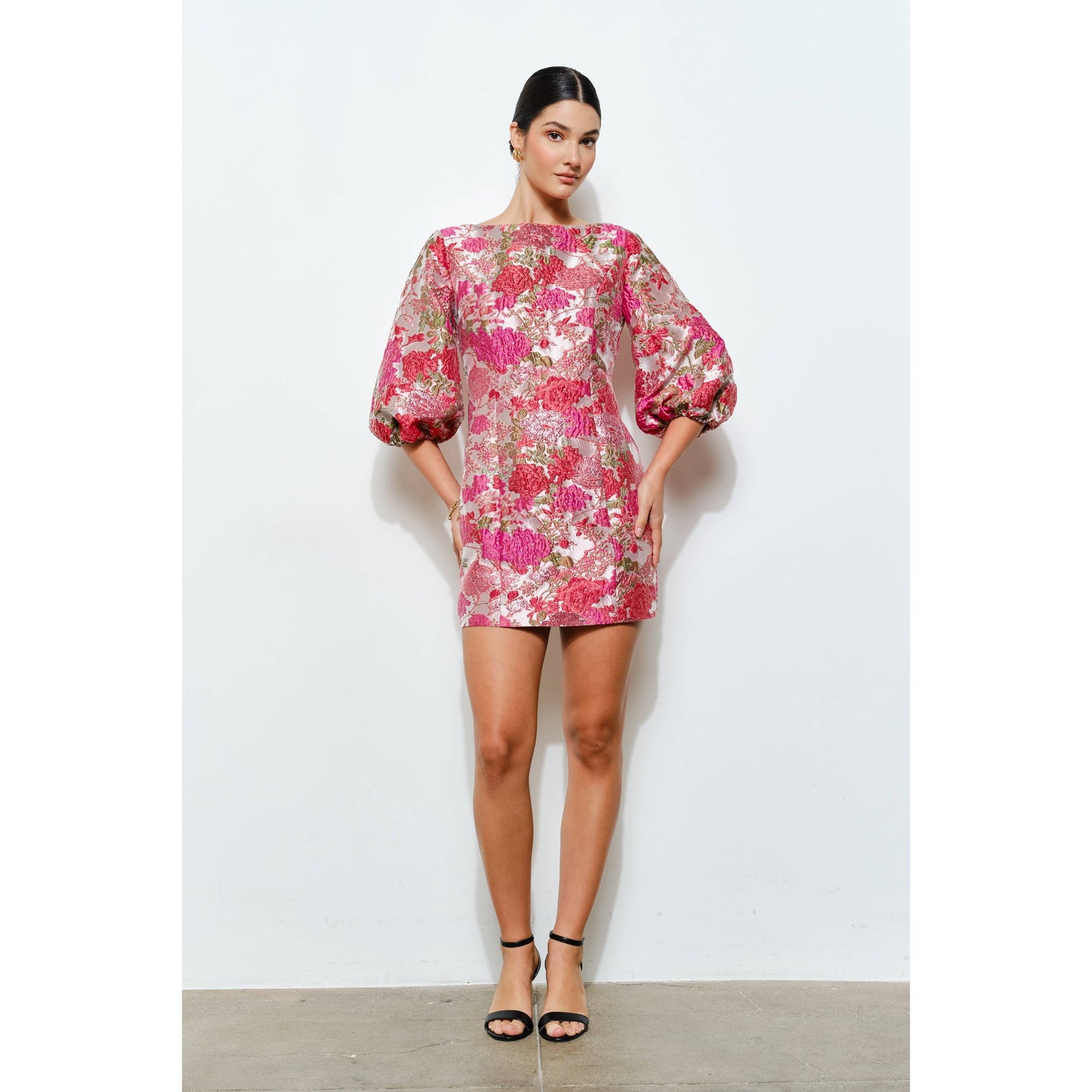 Floral Jacquard Puff Sleeve Mini Dress