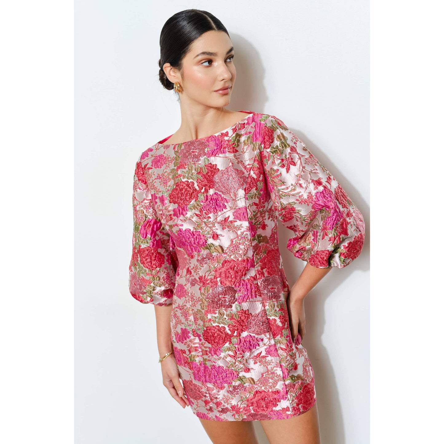 Floral Jacquard Puff Sleeve Mini Dress