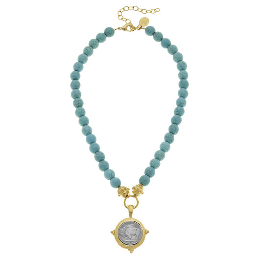 Vintage Buffalo Head Coin Turquoise Necklace