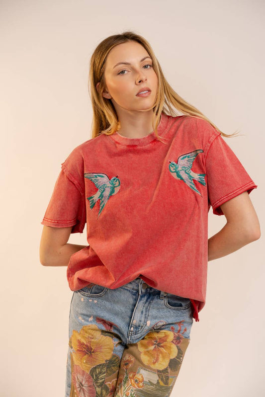91814T Bird Embroidered Mineral Wash Tee