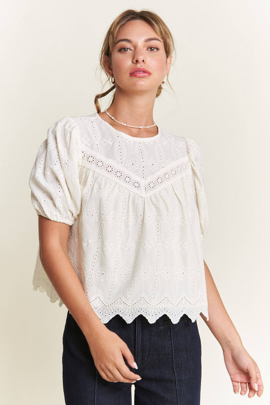 Ivory Short Puff Sleeve Eyelet Top