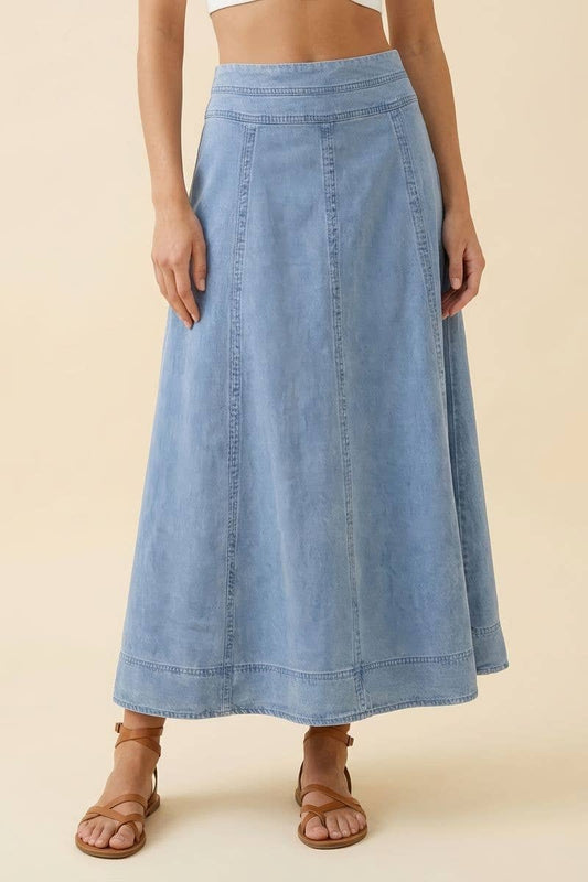 BLEACHED DENIM GODET MAXI SKIRT - 6601S