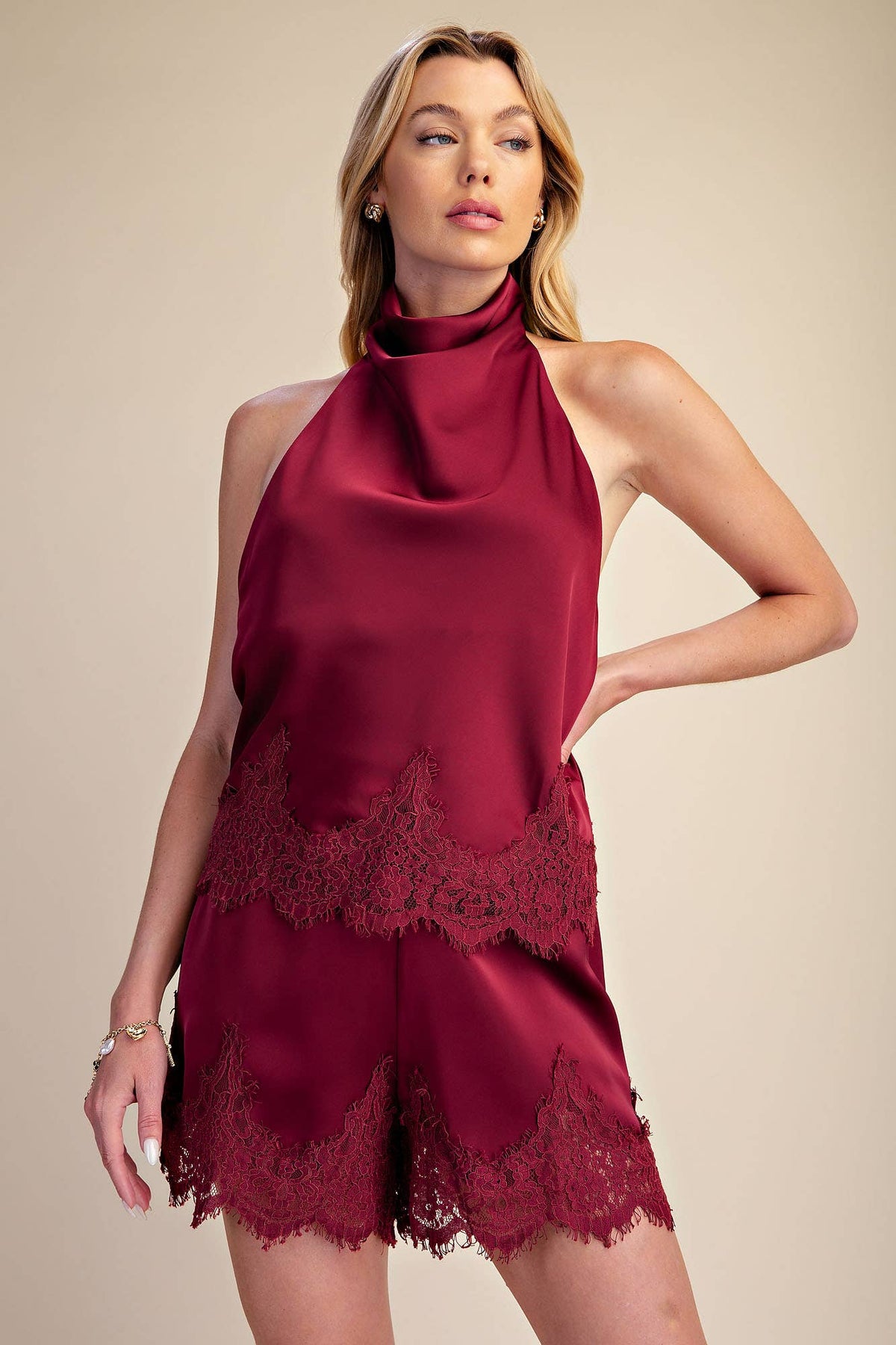 Satin Short With Lace Trim Detail