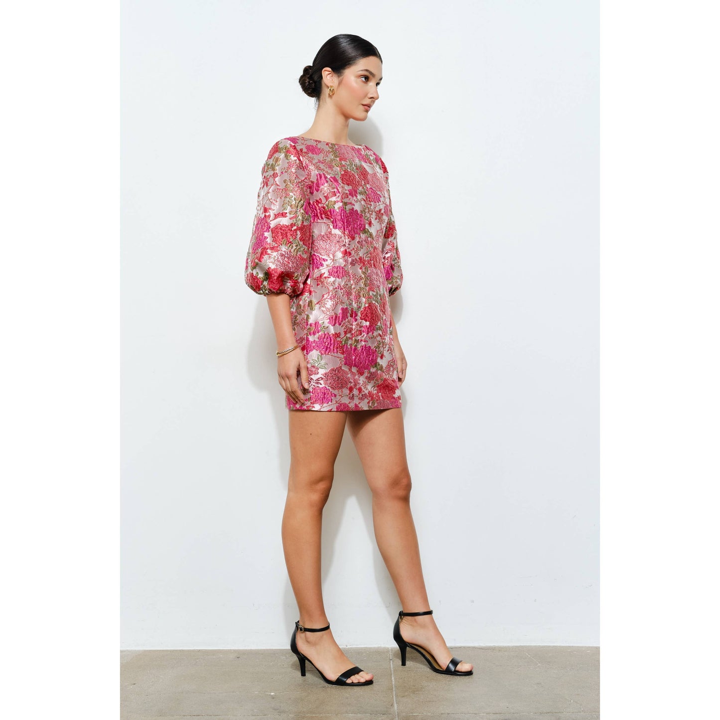 Floral Jacquard Puff Sleeve Mini Dress