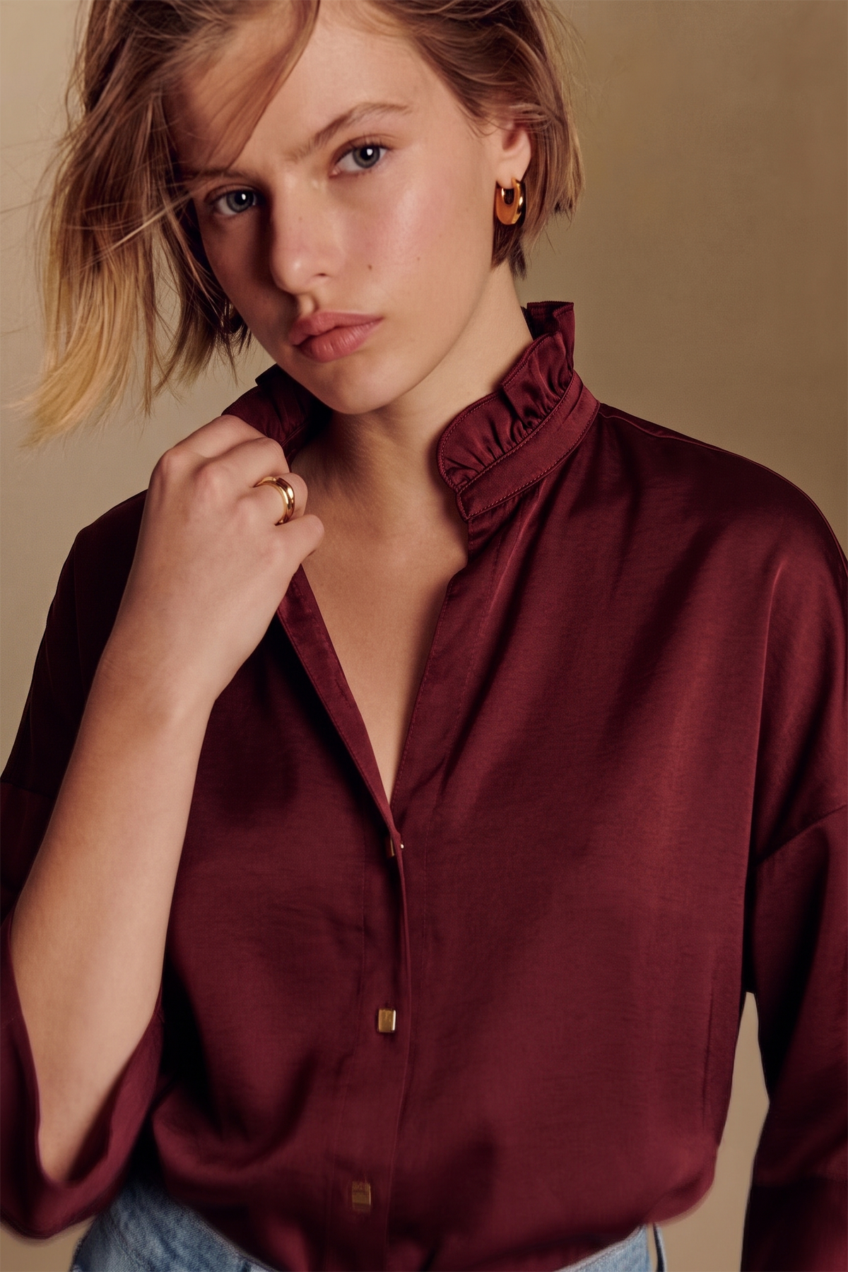 V-neck Metal Button Down Shirt