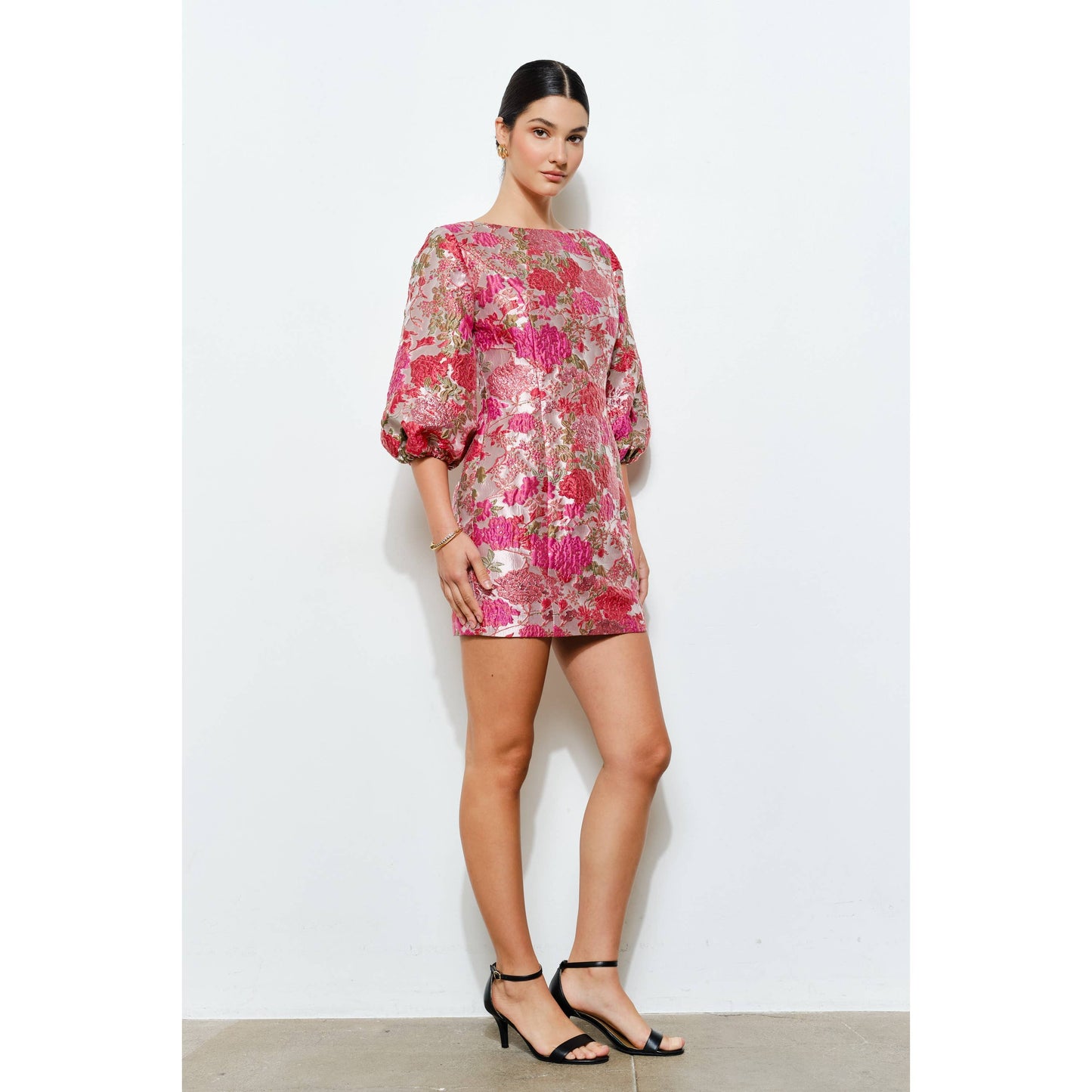 Floral Jacquard Puff Sleeve Mini Dress