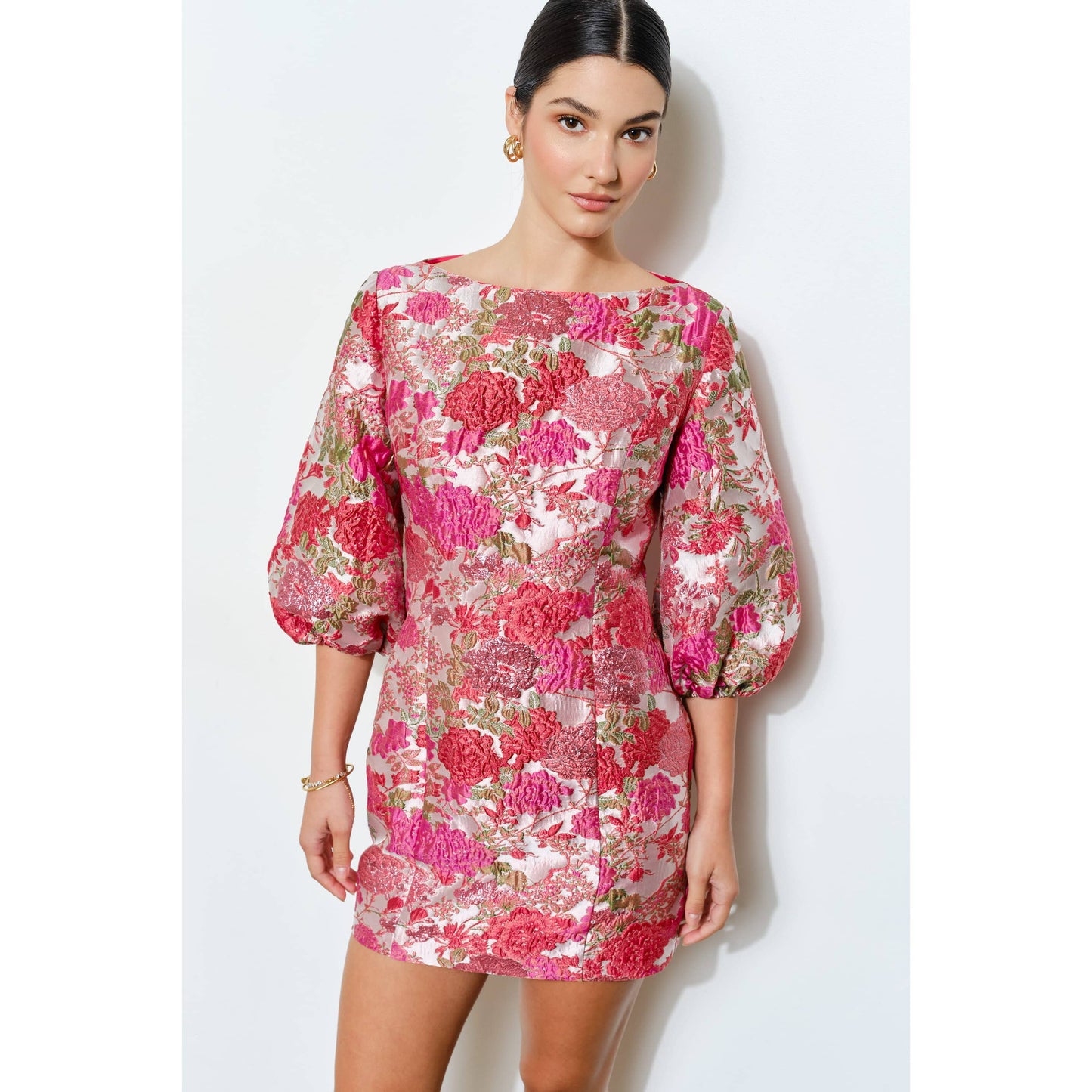 Floral Jacquard Puff Sleeve Mini Dress
