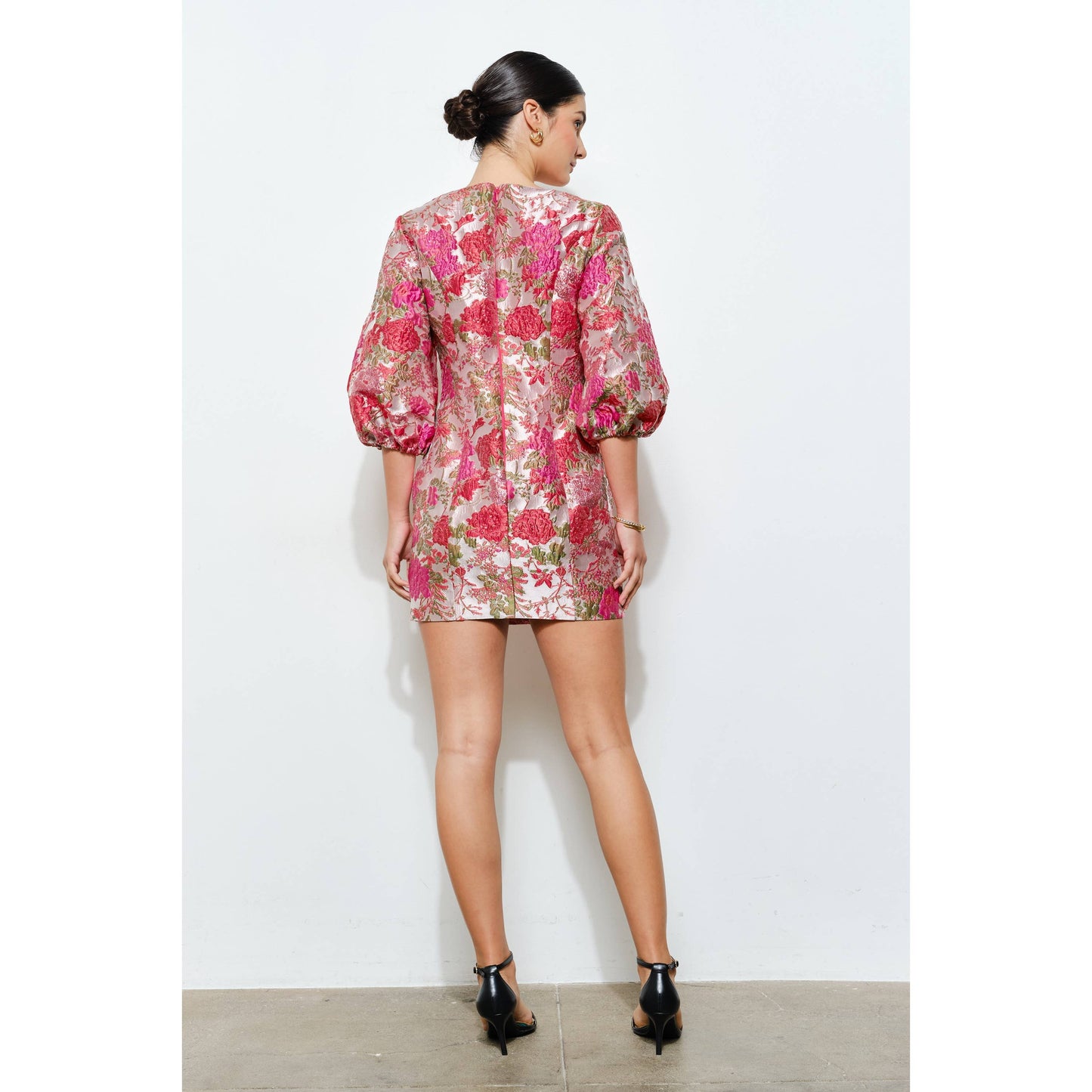 Floral Jacquard Puff Sleeve Mini Dress