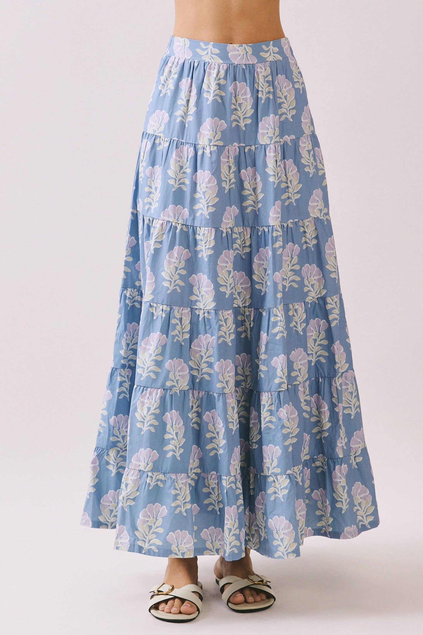 Blue Floral Tiered Maxi Skirt