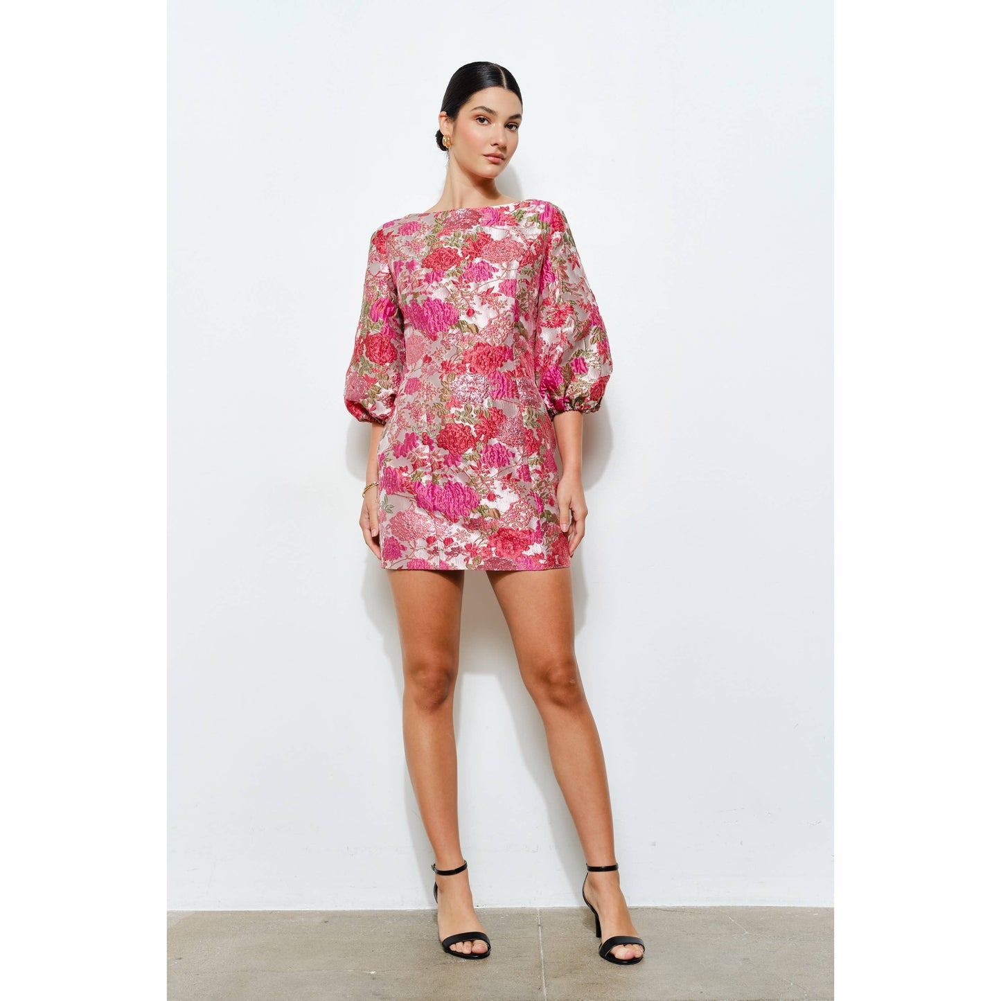 Floral Jacquard Puff Sleeve Mini Dress