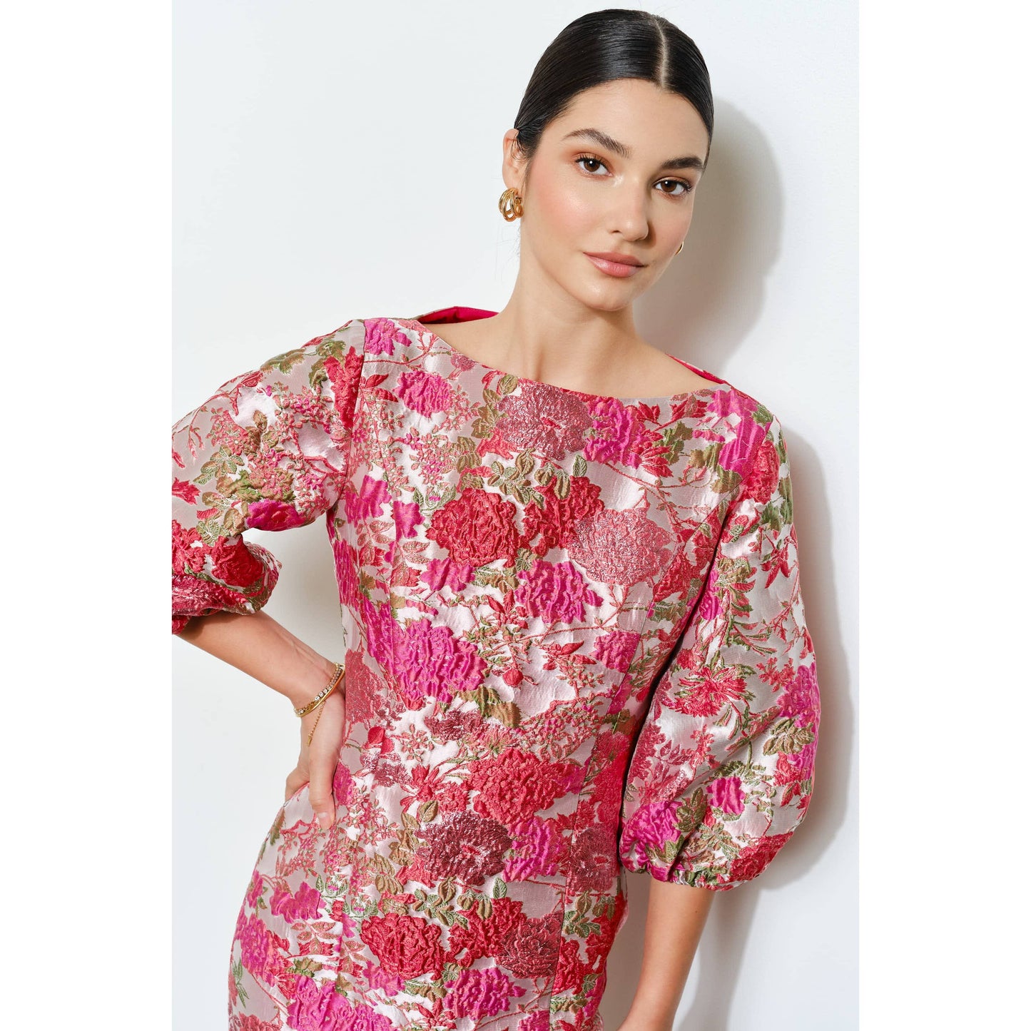 Floral Jacquard Puff Sleeve Mini Dress