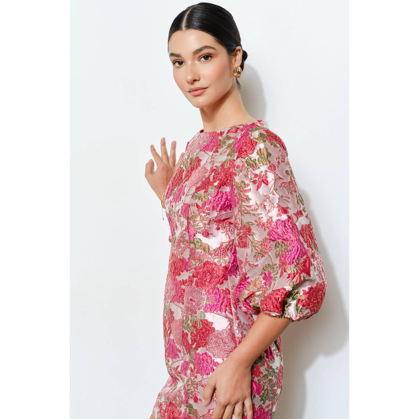 Floral Jacquard Puff Sleeve Mini Dress