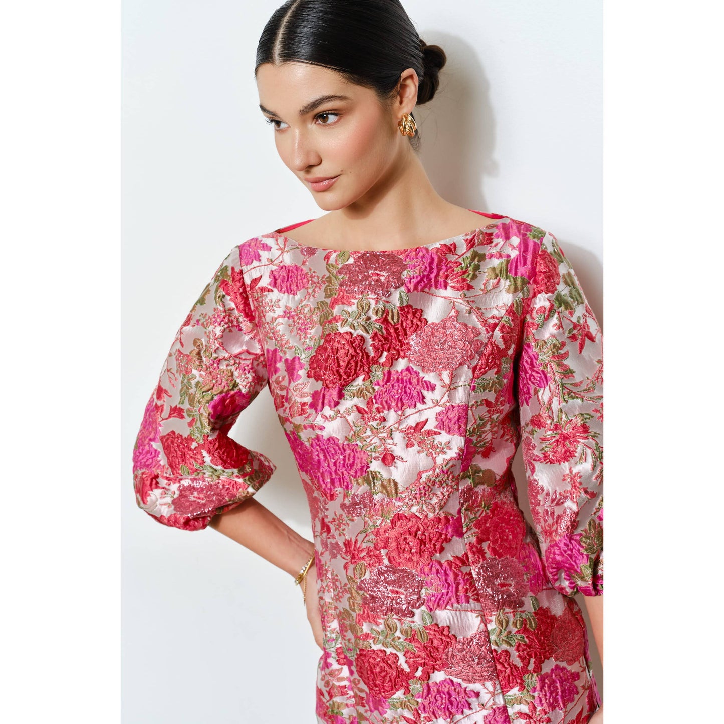 Floral Jacquard Puff Sleeve Mini Dress