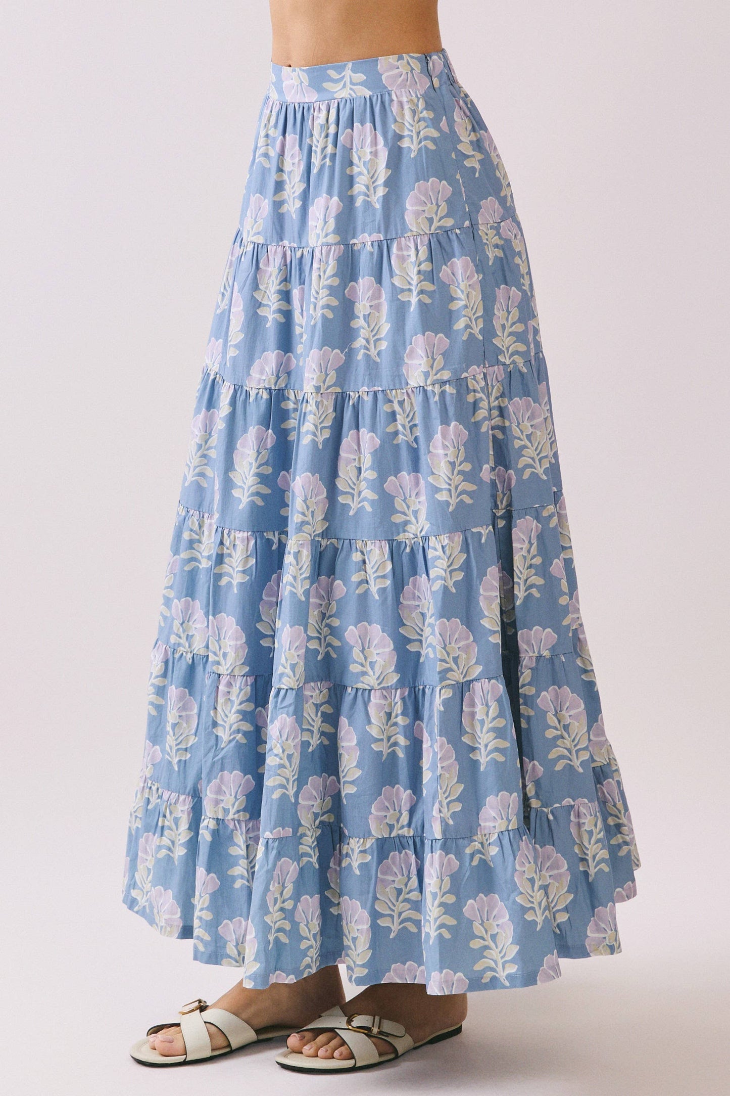 Blue Floral Tiered Maxi Skirt